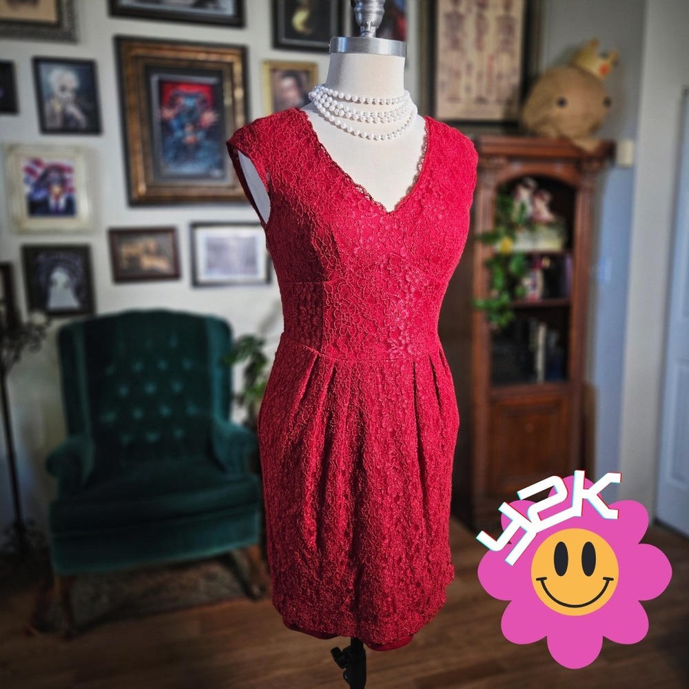 Vintage Y2K‎ Teeze Me Red Lace Cocktail Mini Dress Sleeveless V-Neck